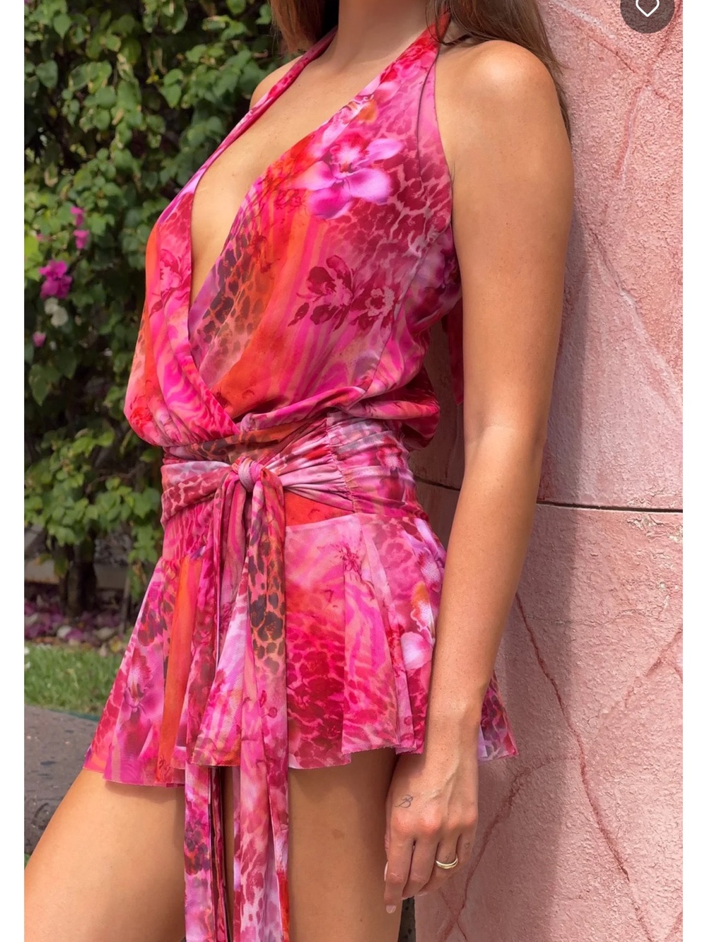 White Fox Boutique Pink & Red Floral Halter Mini Dress